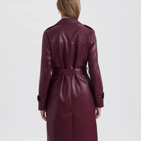 Ellen Tracy Women Single Breasted Faux Leather Trench Coat Size Small Wine Color - Picture 2 of 4